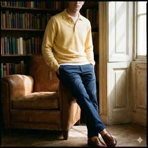 Vintage Eric Bompard 100% Cashmere Polo Sweater Mens XL Yellow Long Sleeve Knit